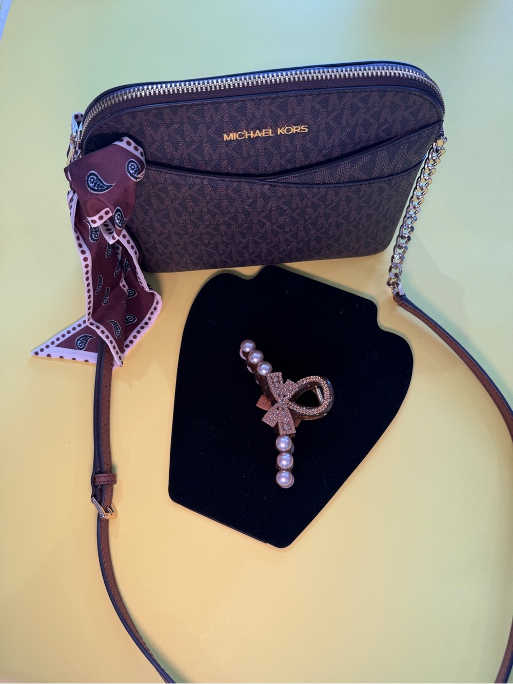Michael Kors Brown MK LogoCrossbody with Gold Hardware& hair clip
